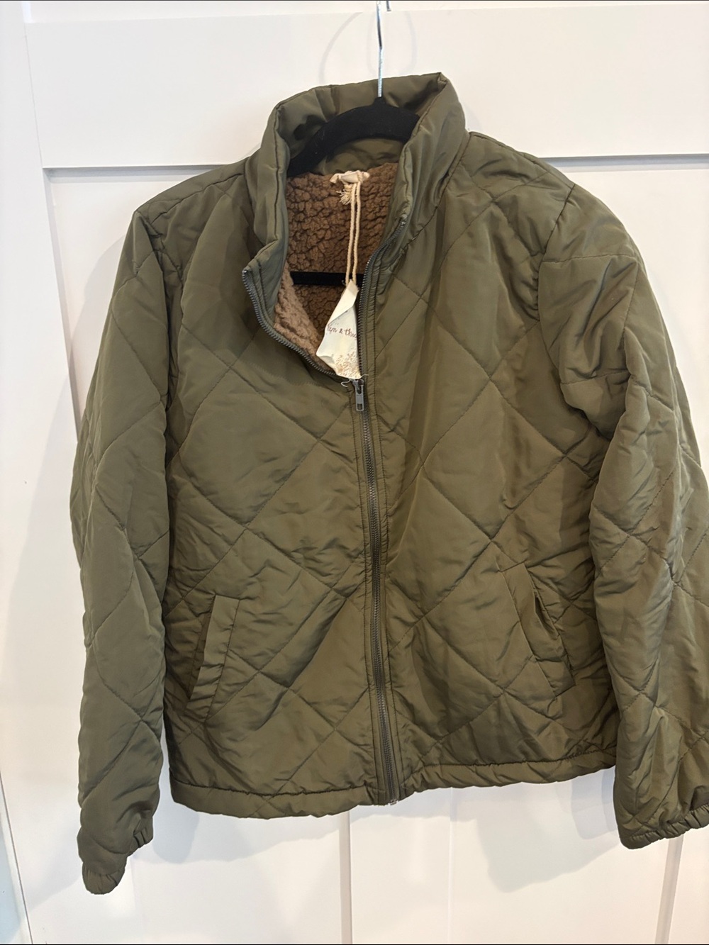Hem & Thread Olive Quilted Puffer Jacket with Sherpa Lining